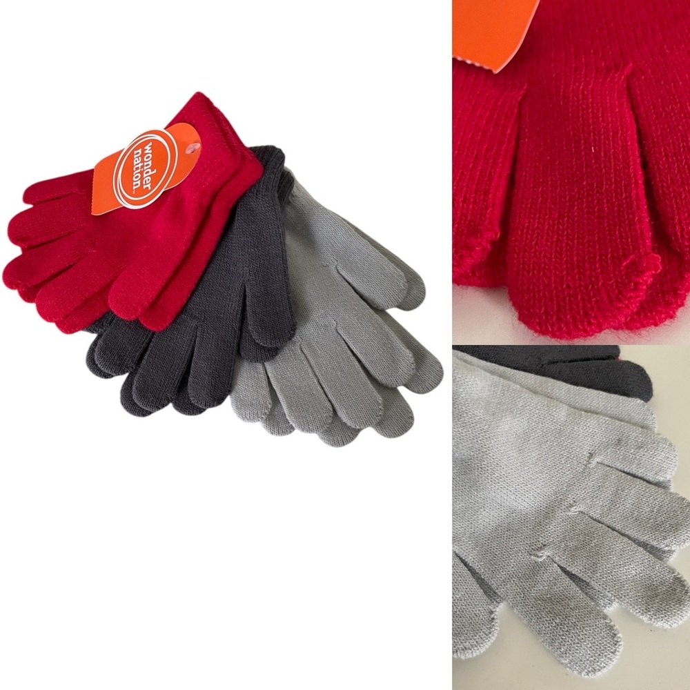 Wonder Nation Kid’s Red, Dark Gray, and Light Gray Gloves Set Boys/ Unisex
